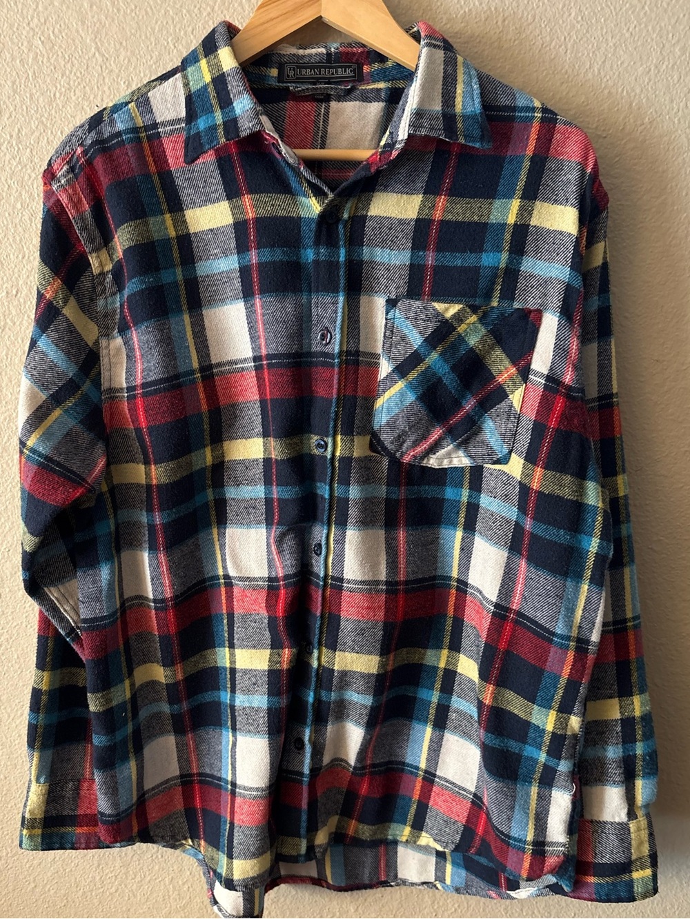 Urban Republic Men's XL Multicolor Plaid Flannel Shirt Red Navy Button Down